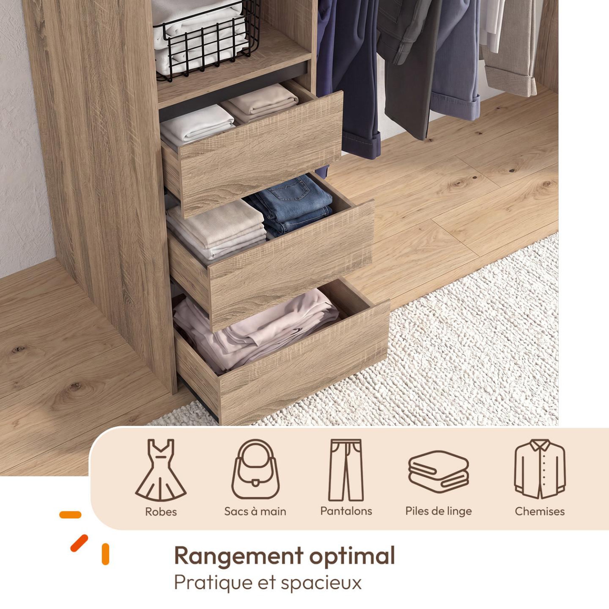 Voir la diapositive 6 : ID MARKET Dressing extensible d'angle marlon 220 x 220 x 180 cm hêtre avec penderies + porte pantalon + étagères + tiroirs + rideaux noirs