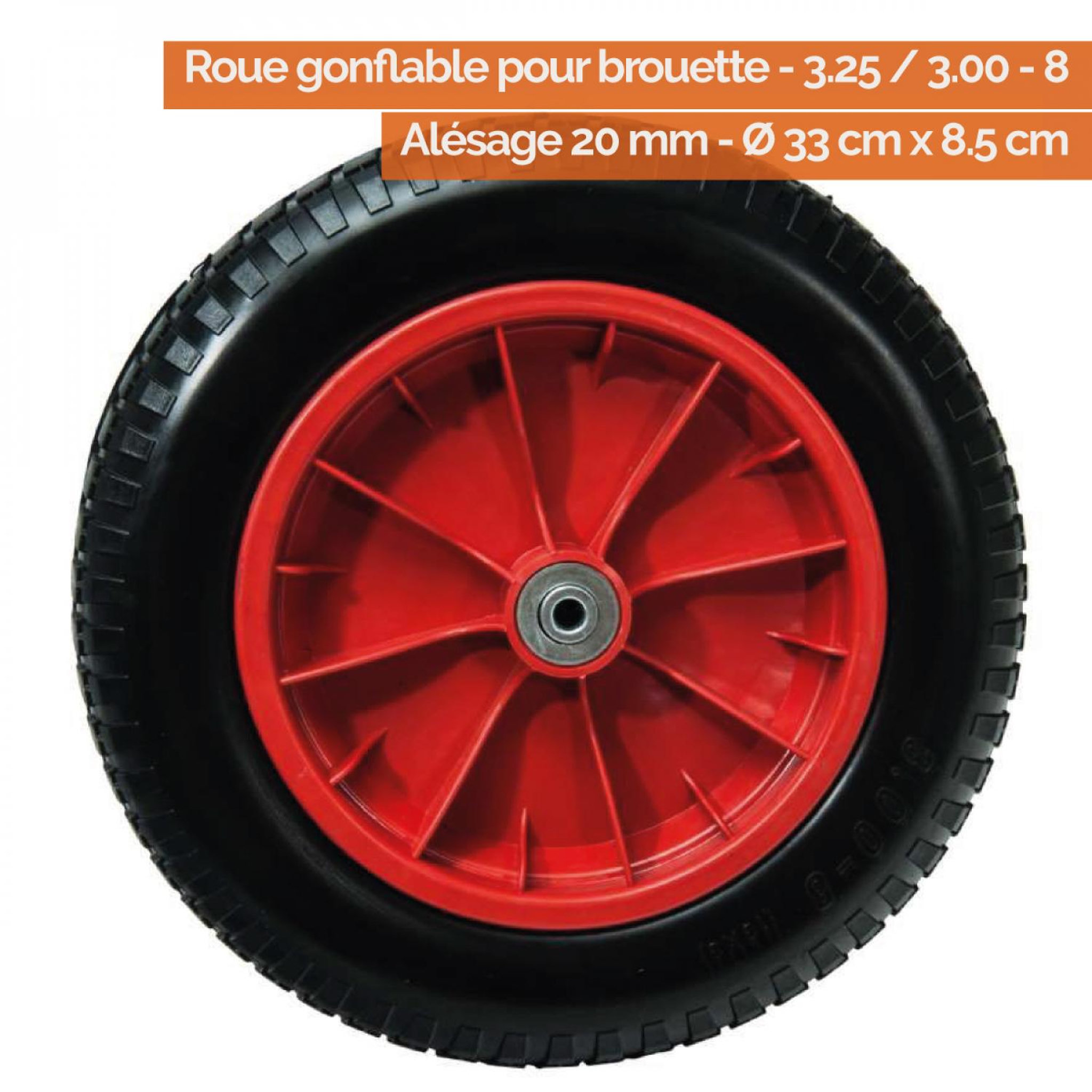 Voir la diapositive 2 : LINXOR Roue gonflable pour brouette - 33 x 8.5 cm - Axe 20 mm