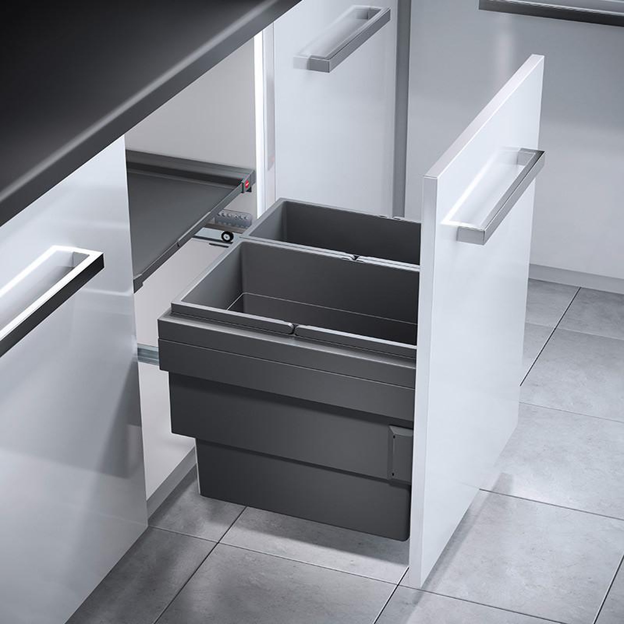 Voir la diapositive 2 : HAILO Poubelle de cuisine tri sélectif 2 bacs encastrable 46l (28+18) hailo cargo synchro