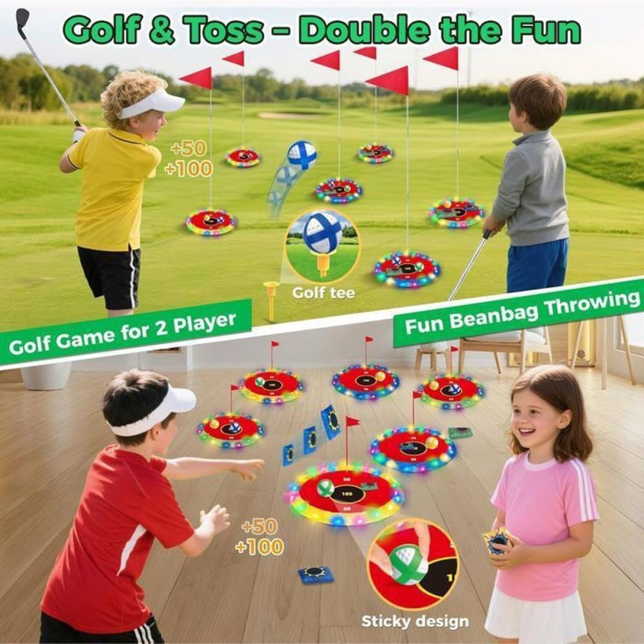 Voir la diapositive 2 : Jeu enfant 2 en 1 golf & lancer avec cibles LED, 2 clubs, 18 balles et 6 cibles, dès 5 ans