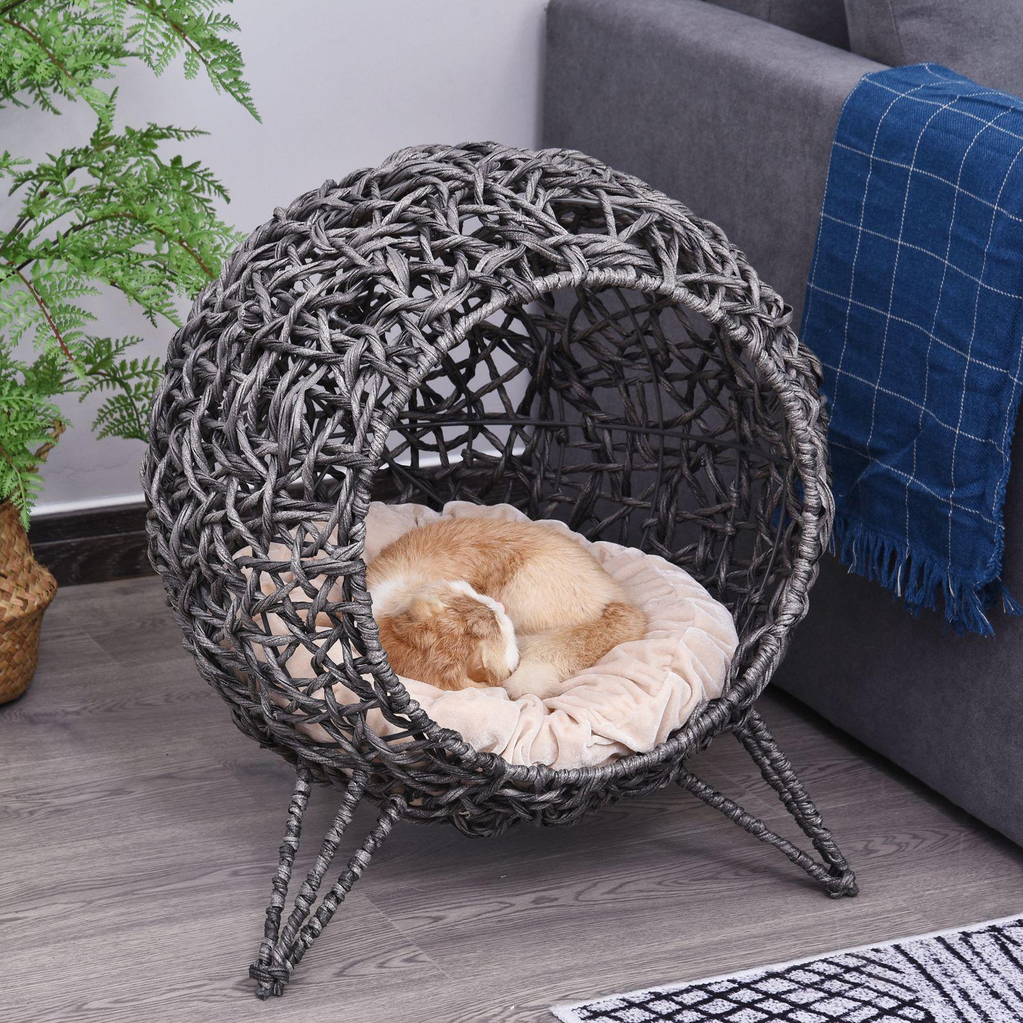 Voir la diapositive 2 : PAWHUT Pawhut panier chat lit chat cosy grand confort dim. Ø 52 x 58h cm coussin moelleux beige inclus résine tressée imitation rotin gris