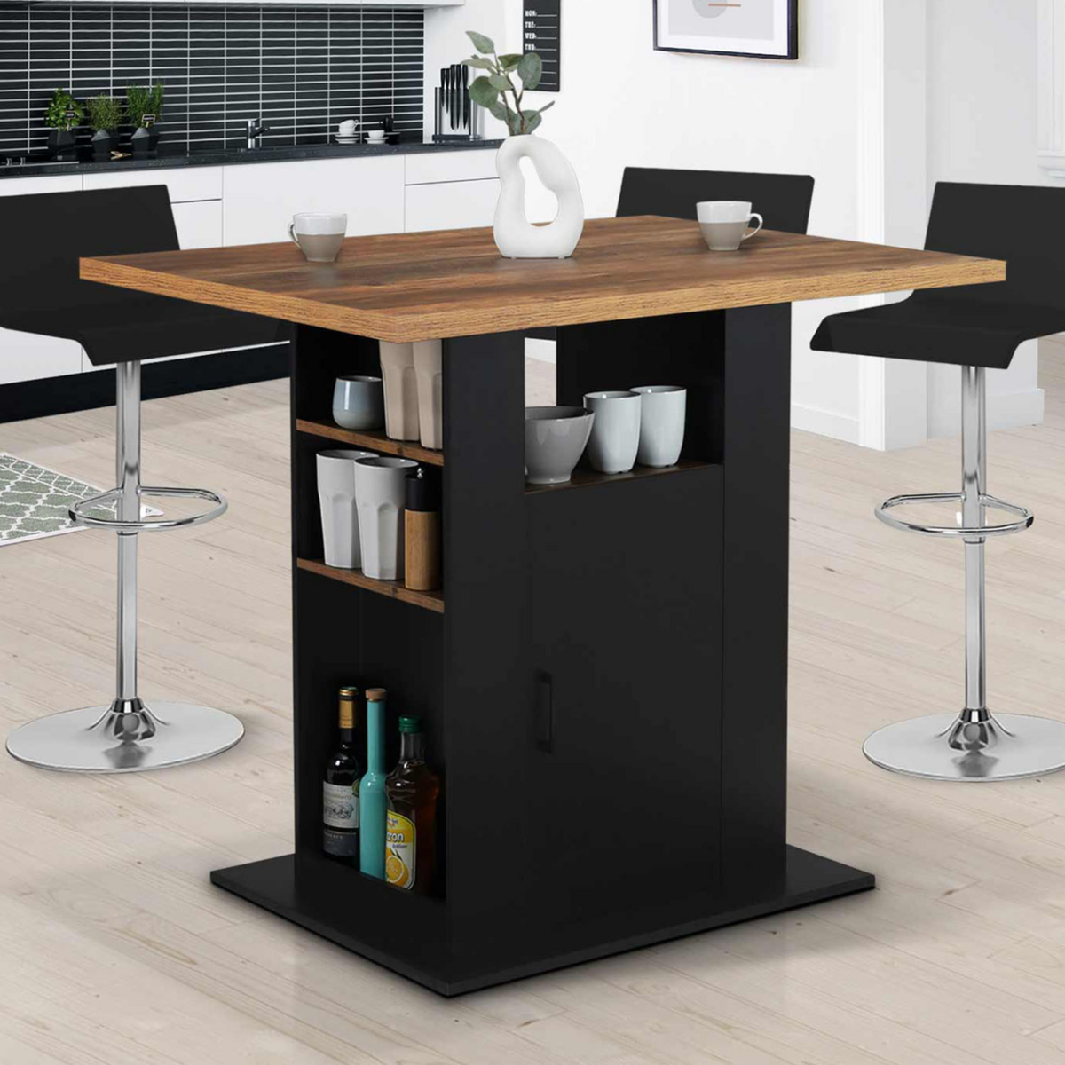 ID MARKET Ilot central UGO 110 cm bois noir et effet bois foncé HAWKINS avec rangements
