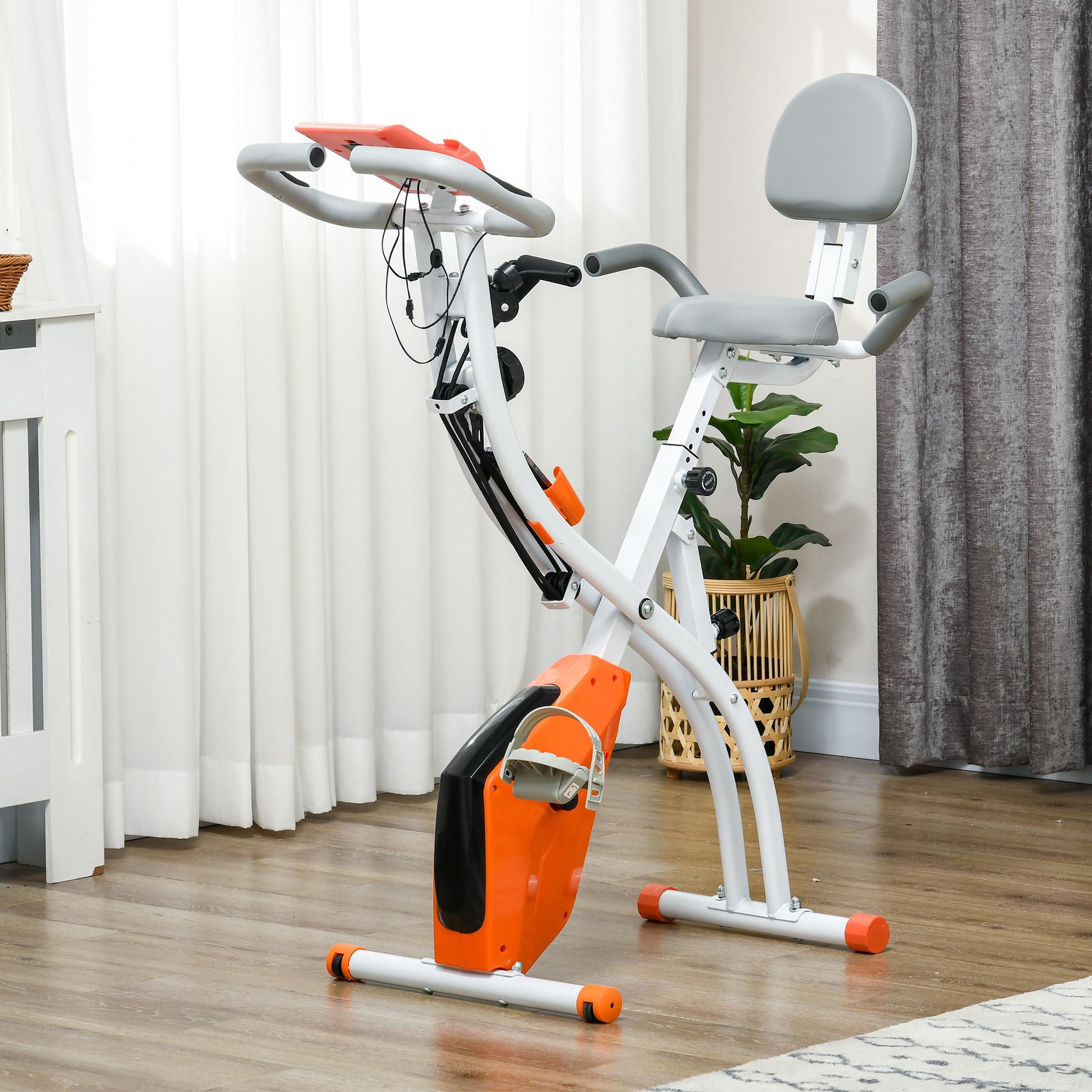 Voir la diapositive 2 : HOMCOM Vélo d'appartement pliant 8 niveaux de résistance magnétique dossier selle réglable poignées ergonomiques écran LCD multifonction suspensions support tablette acier