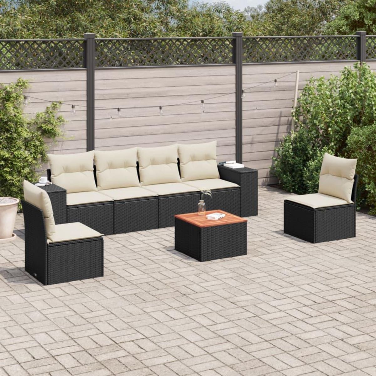 VIDAXL Salon de jardin 7 pcs avec coussins noir resine tressee