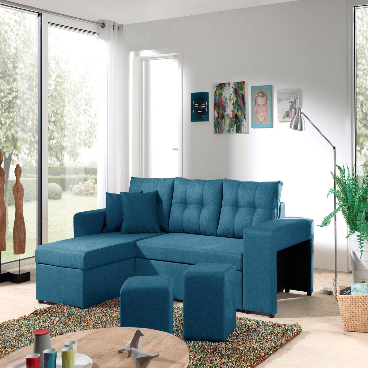 BEST MOBILIER California - canapé d'angle réversible et convertible avec coffre de rangement - bleu canard - bleu canard