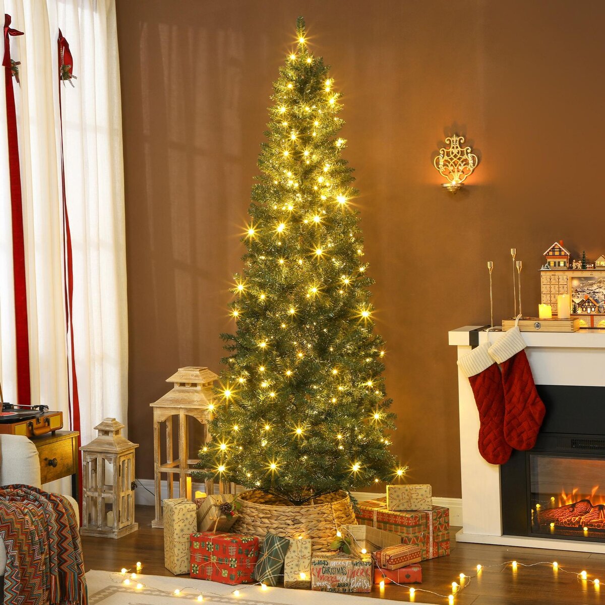 HOMCOM Sapin de Noël artificiel LED x 350 blanc chaud ou multicolore 9 modes H.210 cm 1273 branches support vert