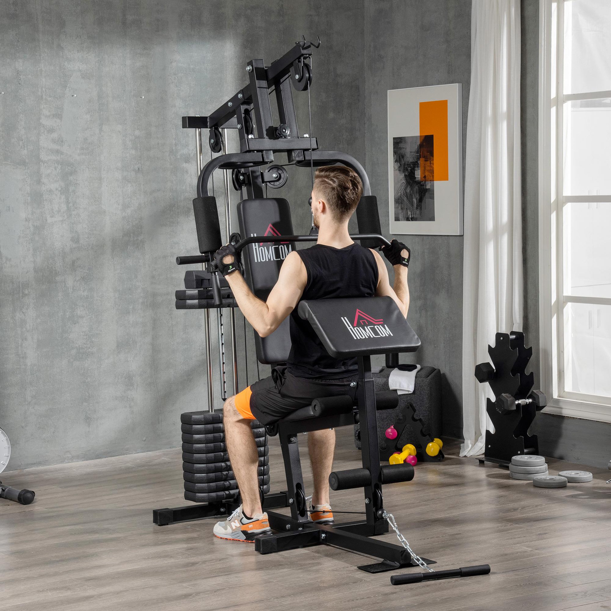 Voir la diapositive 2 : HOMCOM Station de musculation - entrainement complet - développé couché, butterfly, barre latissimus, curler, bande résistance - 11 contrepoids - acier noir