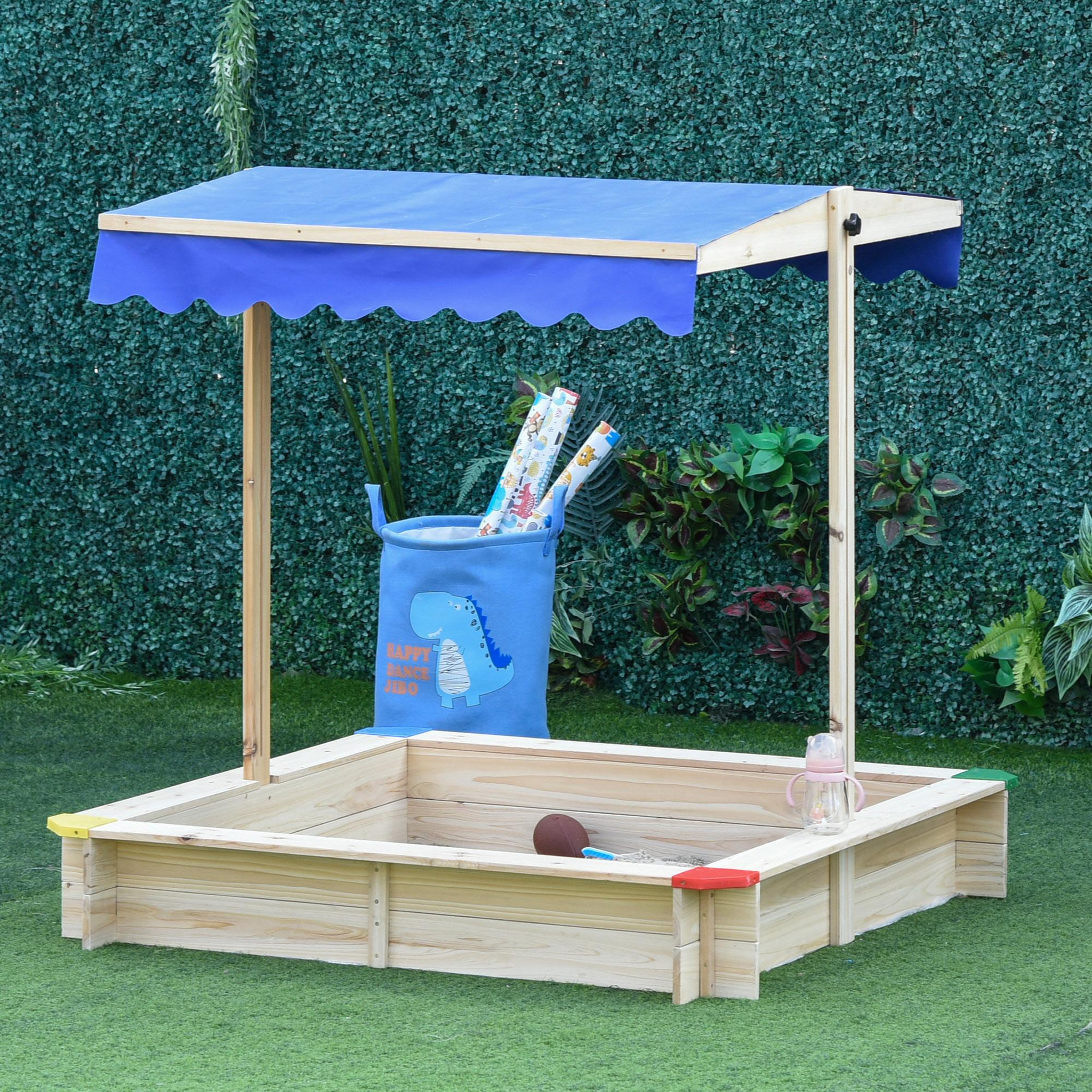 Voir la diapositive 2 : OUTSUNNY Bac à sable bois carré dim. 1,2L x 1,2l x 1,2H m - hauteur et inclinaison toit réglables - bois naturel de pin