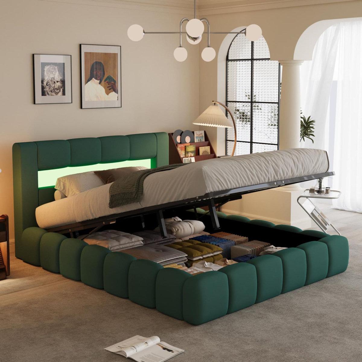 CONCEPT USINE Lit nuage LED avec coffre 180x200cm en velours vert avec tête de lit et sommier OMAHA