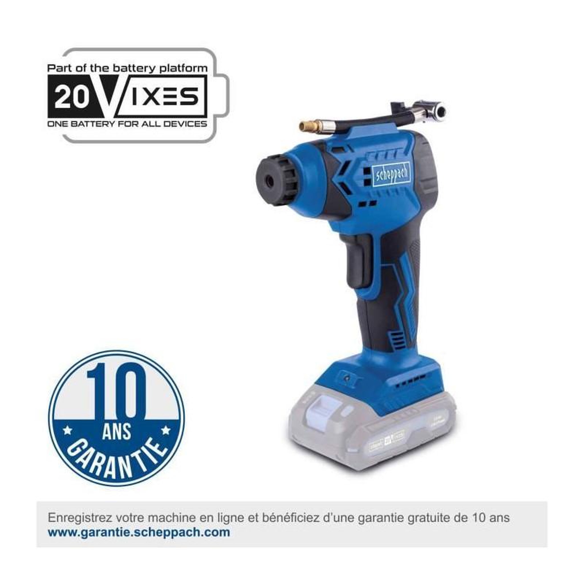 Voir la diapositive 2 : SCHEPPACH Compresseur portatif - SCHEPPACH - 20V IXES - Affichage LED - 7 bars - 6 access inclus - sans batterie ni chargeur - C-AC20-X