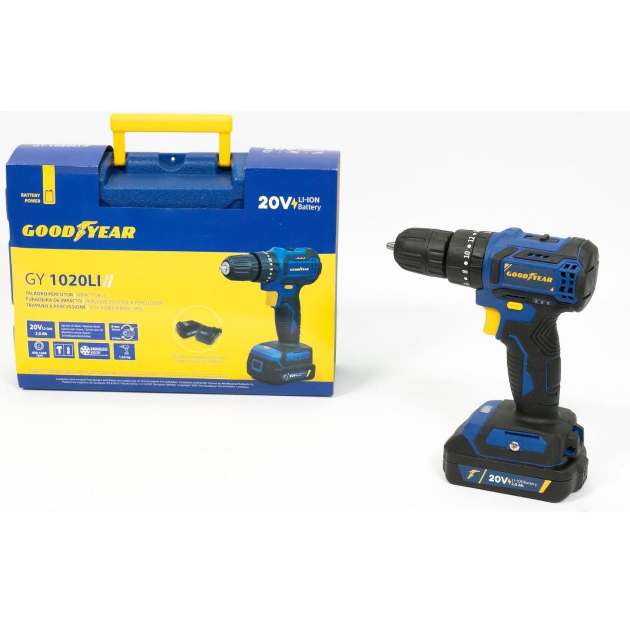 Voir la diapositive 6 : GOODYEAR Perceuse visseuse à percussion 20V Brushless Batterie lithium 2,0Ah + 11 Accessoires Malette GOODYEAR