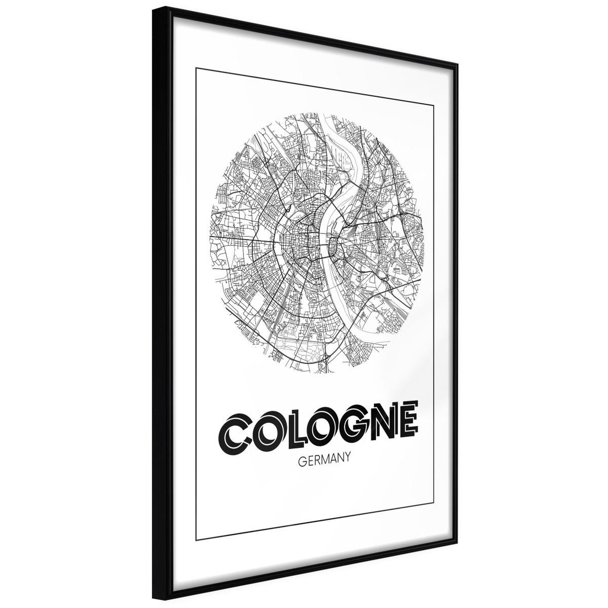 Paris Prix Affiche murale encadrée  city map cologne round. Coloris disponibles : Jaune, Noir
