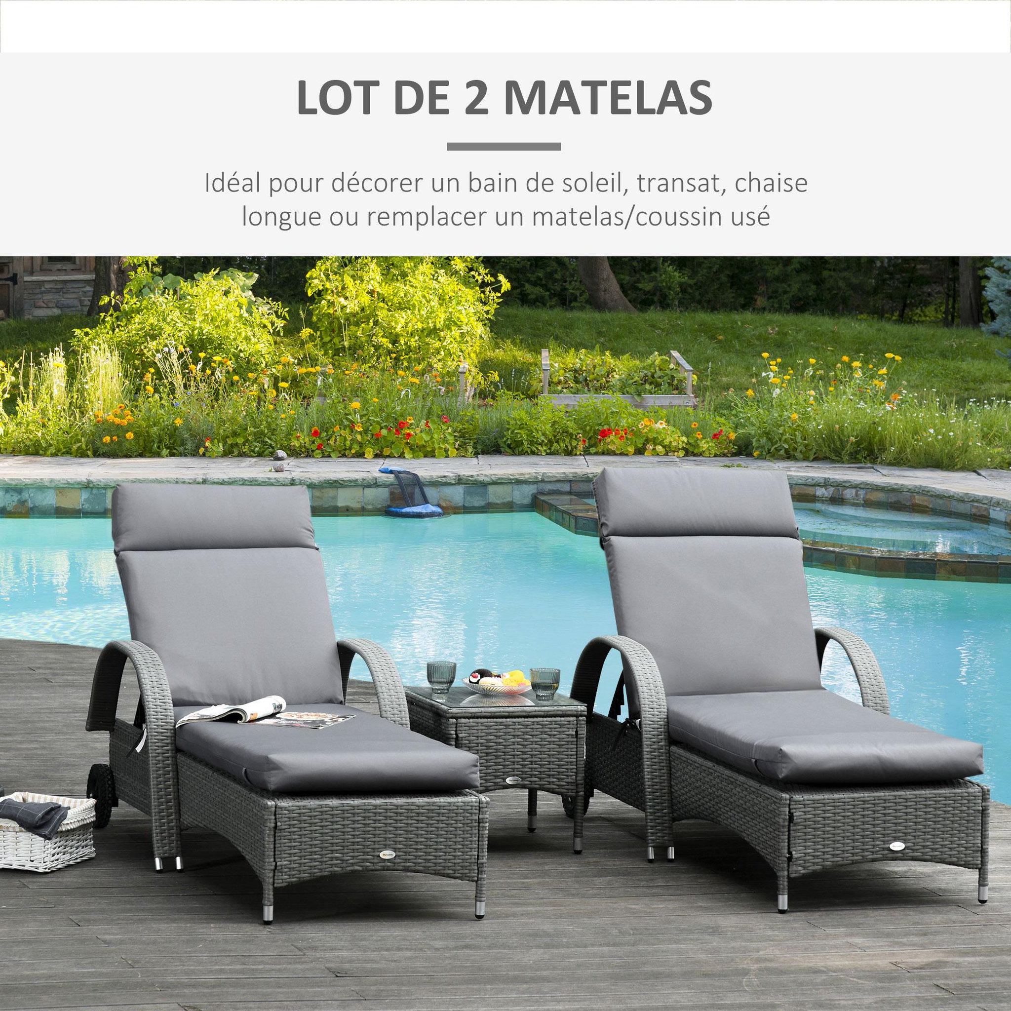 Voir la diapositive 4 : OUTSUNNY Lot de 2 matelas pour bain de soleil transat - cordons et velcros d'attache - dim. 196L x 55l cm ép. 8 cm - polyester déperlant gris