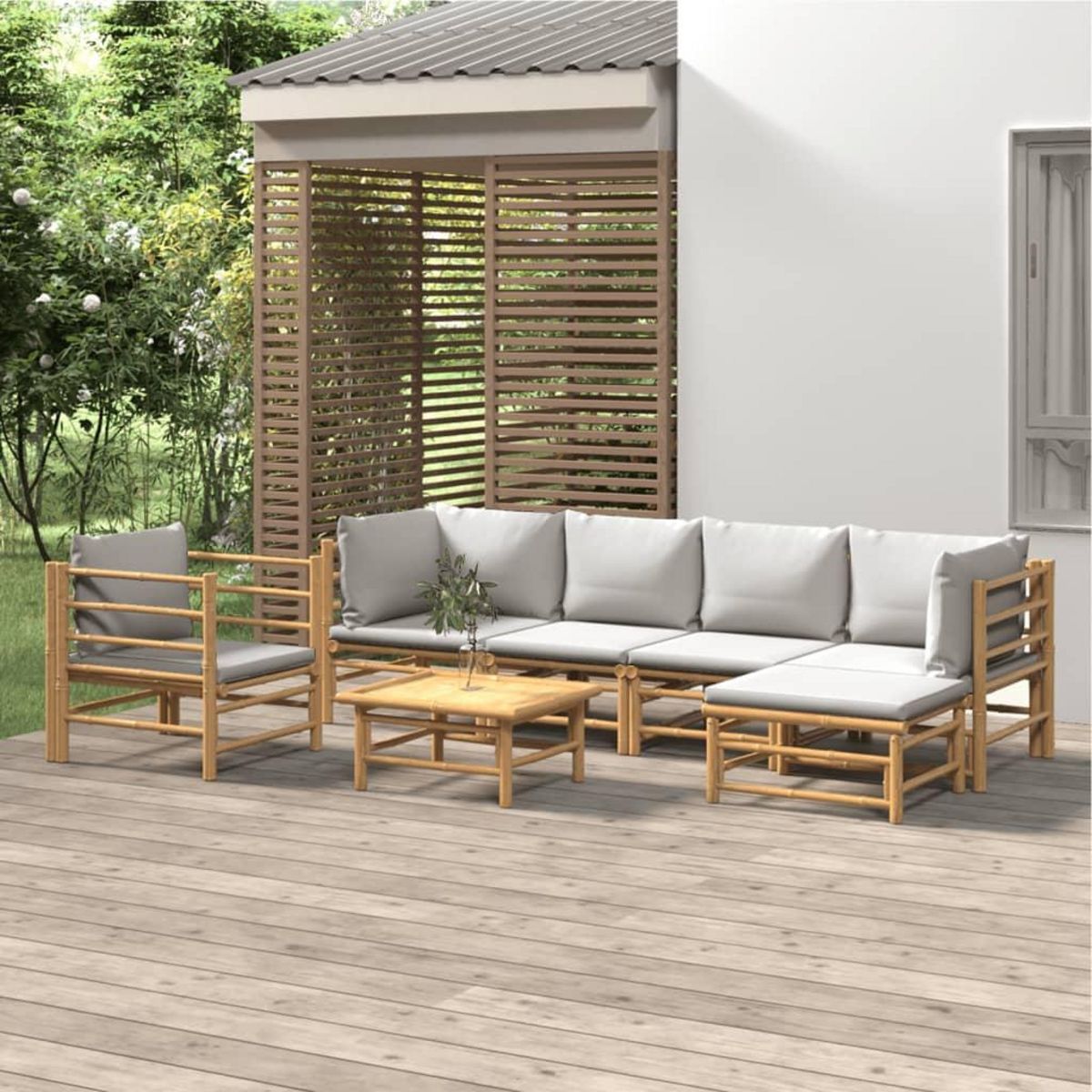 VIDAXL Salon de jardin 7 pcs avec coussins gris clair bambou