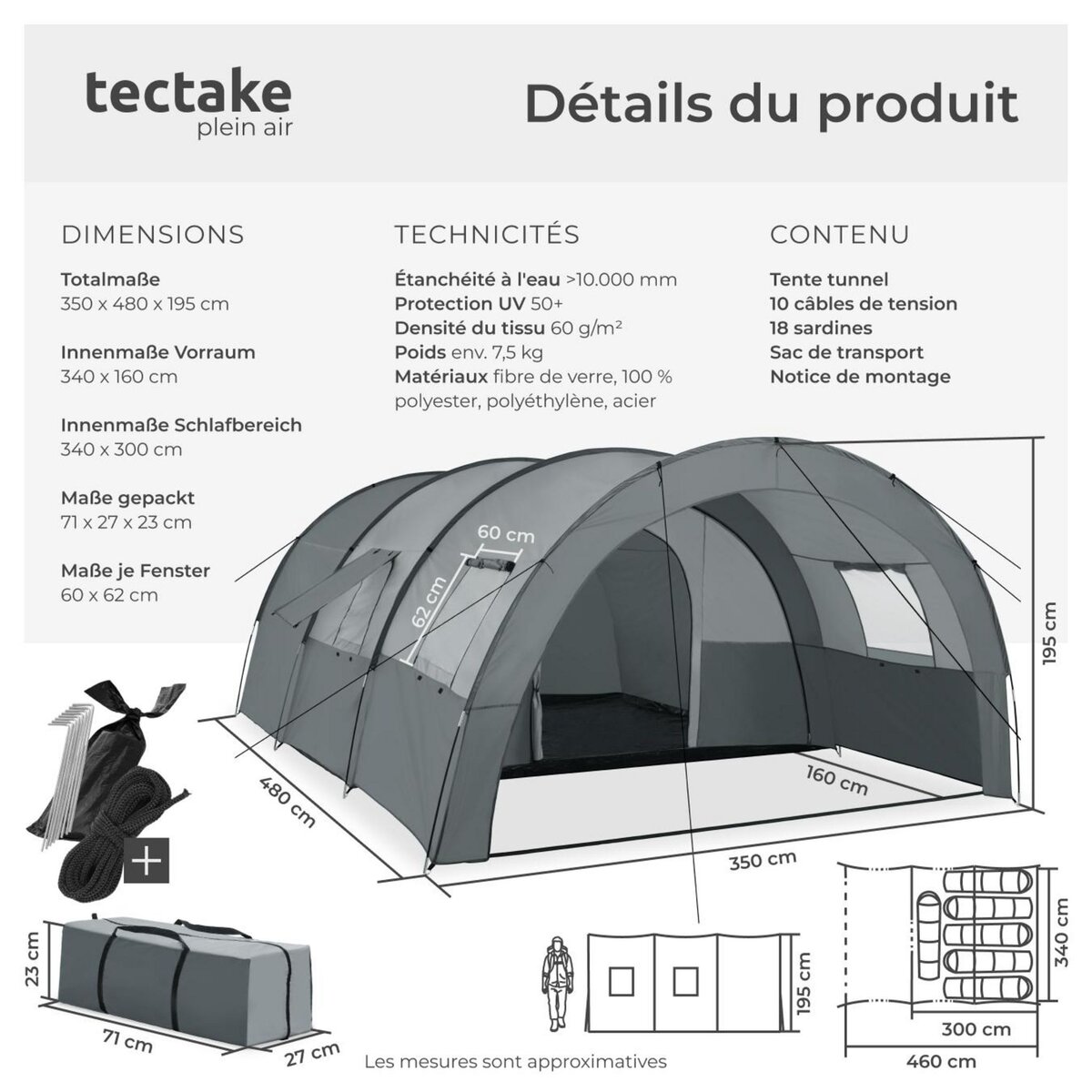 tectake Tente de camping familiale spacieuse pour jusqu'à 6 personnes gris clair/gris foncé
