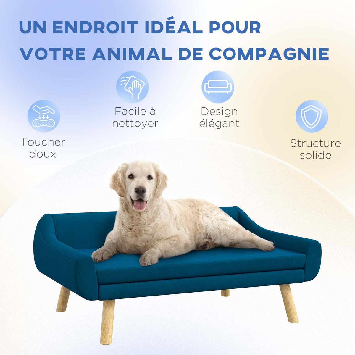 PAWHUT Canapé chien lit pour chien design scandinave - coussin moelleux déhoussable, pieds bois - velours bleu canard