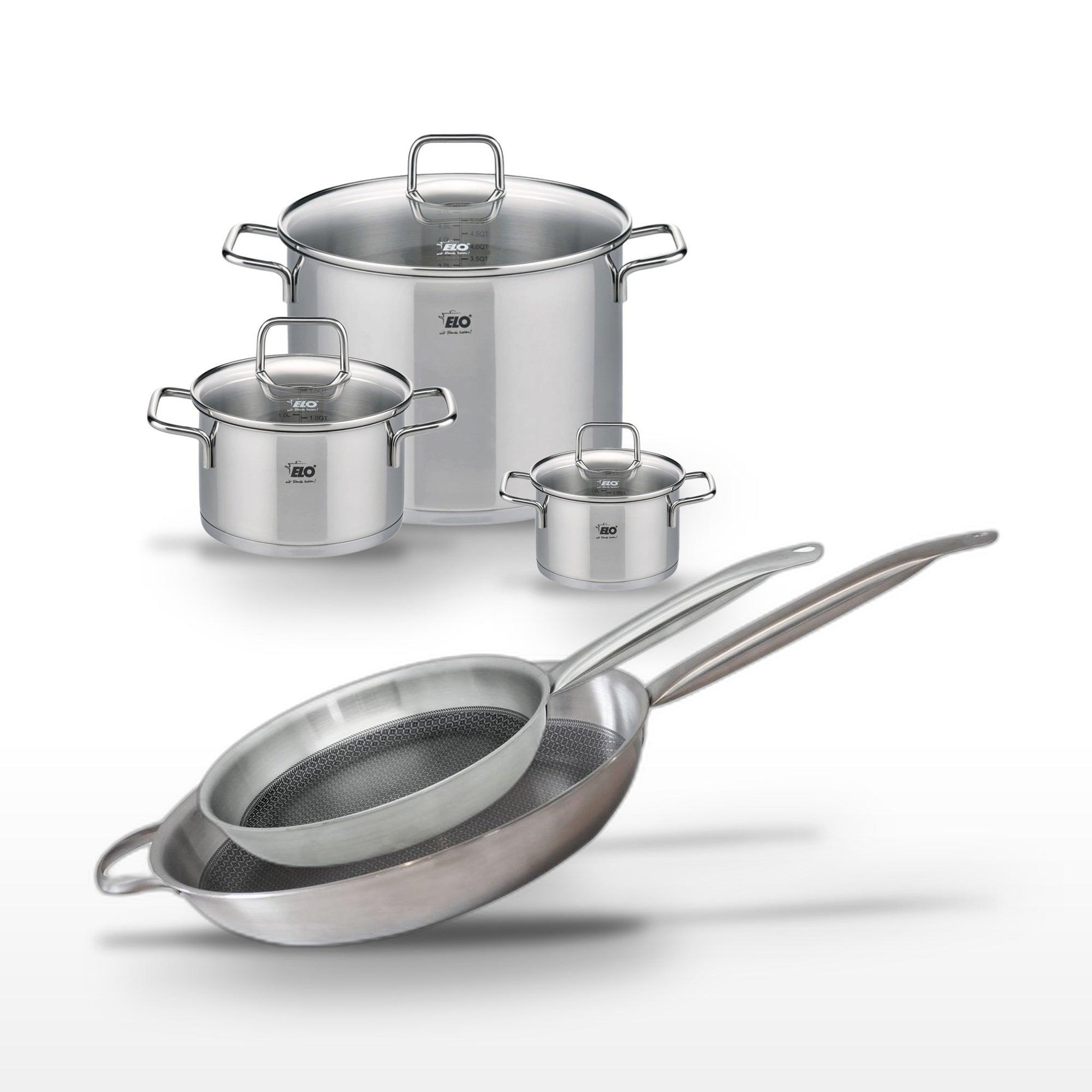 ELO Batterie de cuisine avec 2 poêles 28/32 cm et 3 faitouts 14/20/26 cm en inox avec 6 ustensiles de cuisine elo collection relief solution citrin