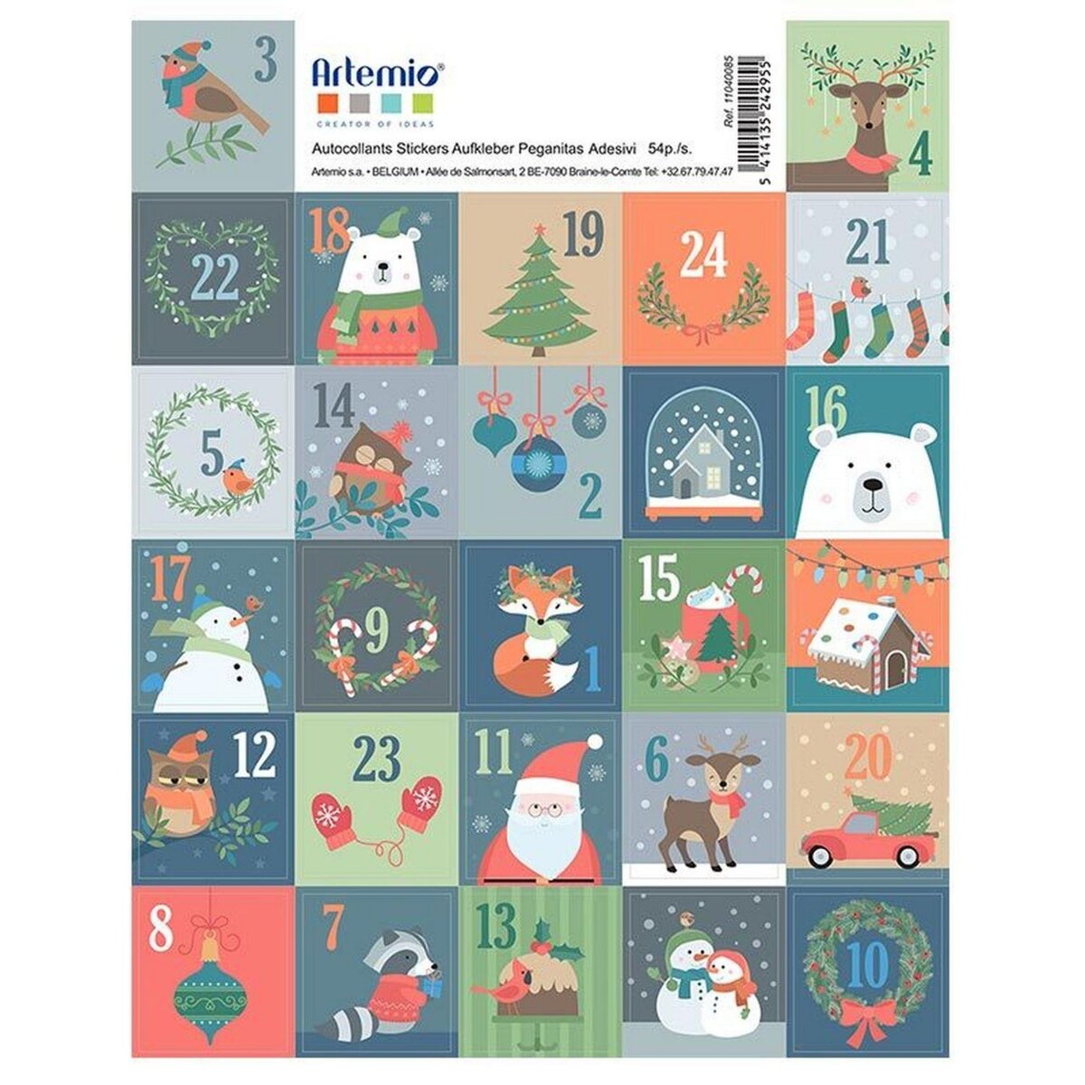 Artemio 54 stickers timbres de Noël 3 cm