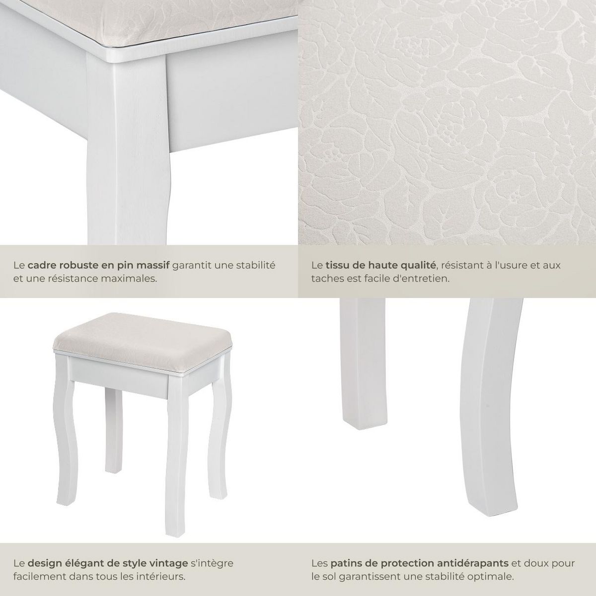 tectake Tabouret pour coiffeuse table de maquillage au look vintage blanc