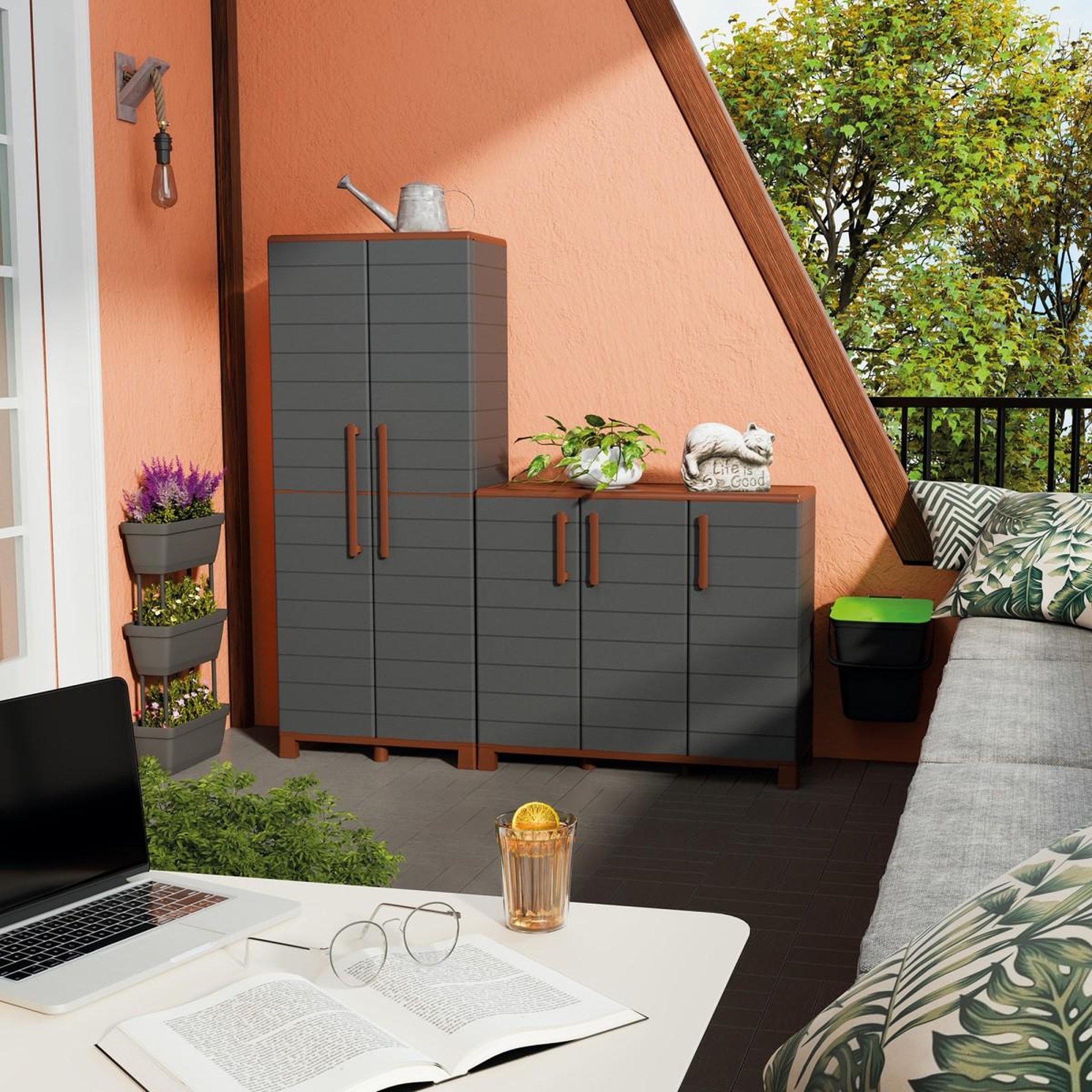 Voir la diapositive 4 : ART PLAST Armoire basse de rangement 3 portes 1 étagère 20kg max intérieur extérieur - meuble de rangement anthracite art plast