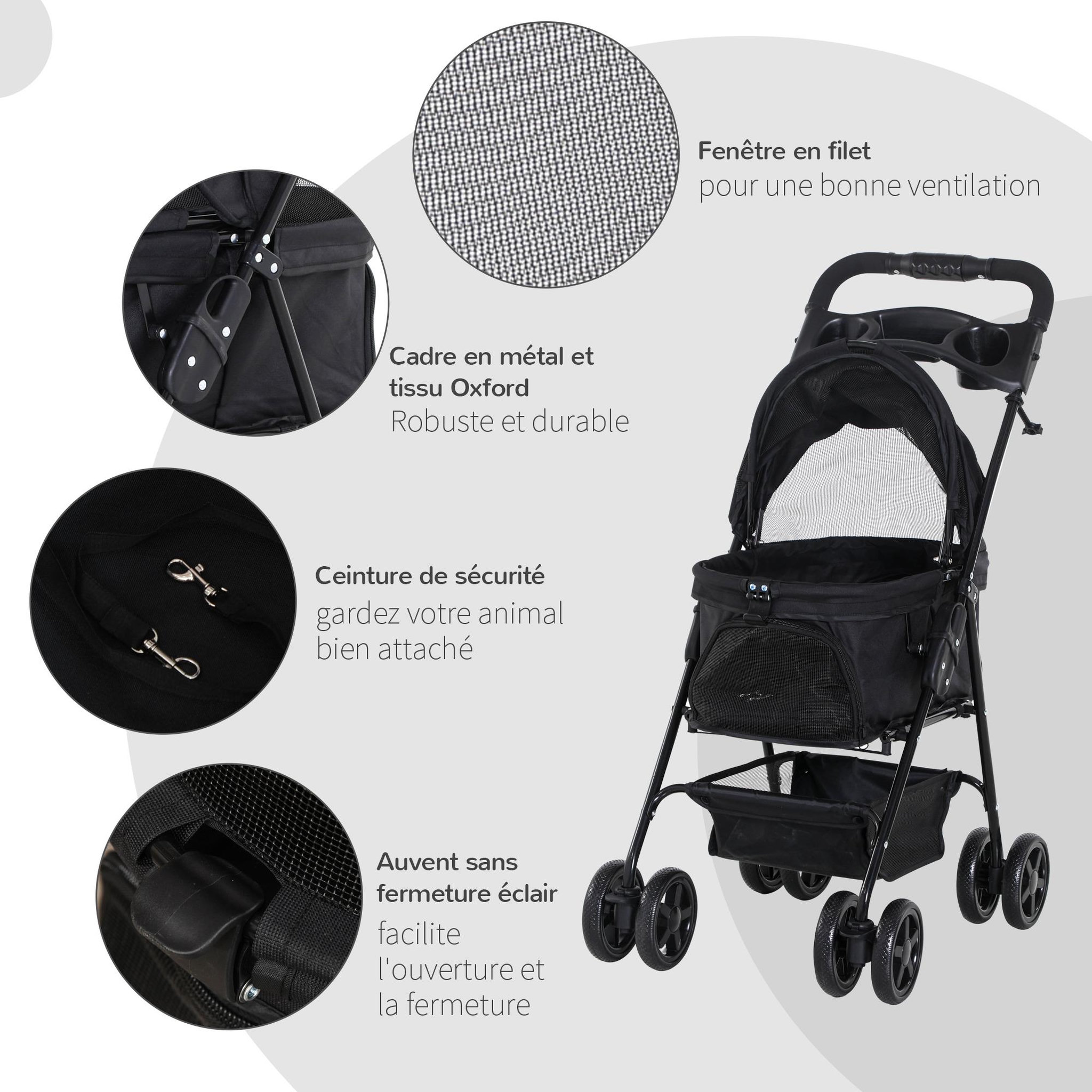 Voir la diapositive 6 : PAWHUT Poussette buggy pliable chien chat panier rangement porte-gobelets tissu 300d oxford imperméable 4 roues noir