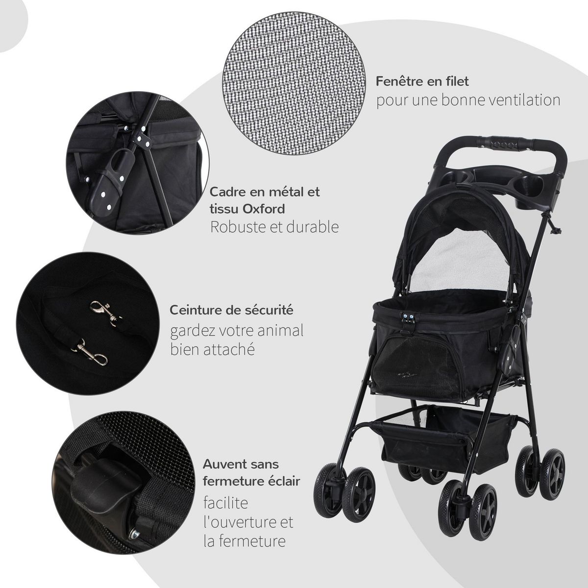 PAWHUT Poussette buggy pliable chien chat panier rangement porte-gobelets tissu 300D Oxford imperméable 4 roues noir