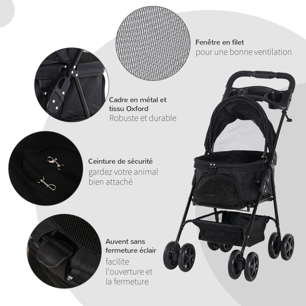 PAWHUT Poussette buggy pliable chien chat panier rangement porte-gobelets tissu 300D Oxford imperméable 4 roues noir