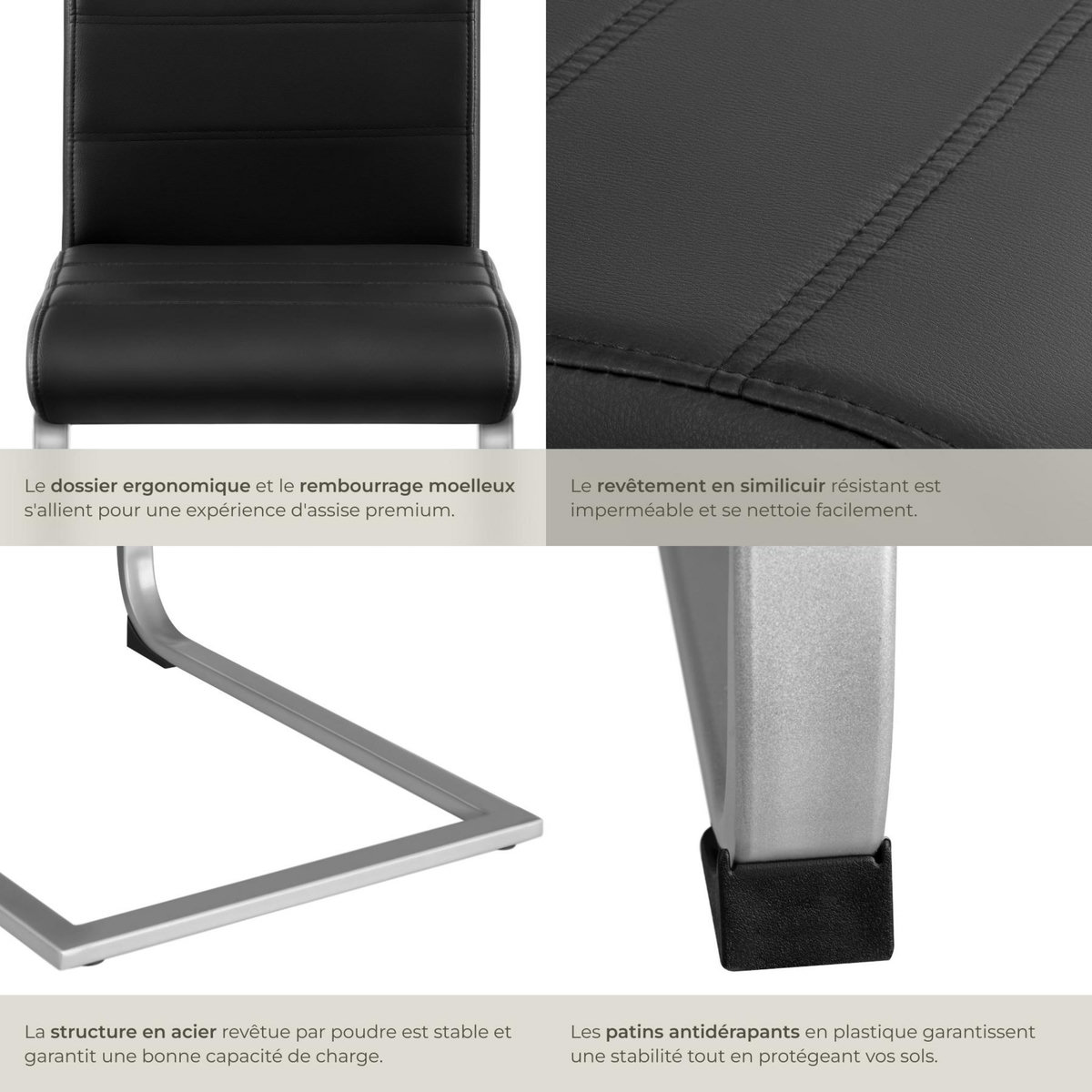 tectake Ensemble de chaises de salle à manger rembourré avec revêtement aspect cuir noir Lot de 8