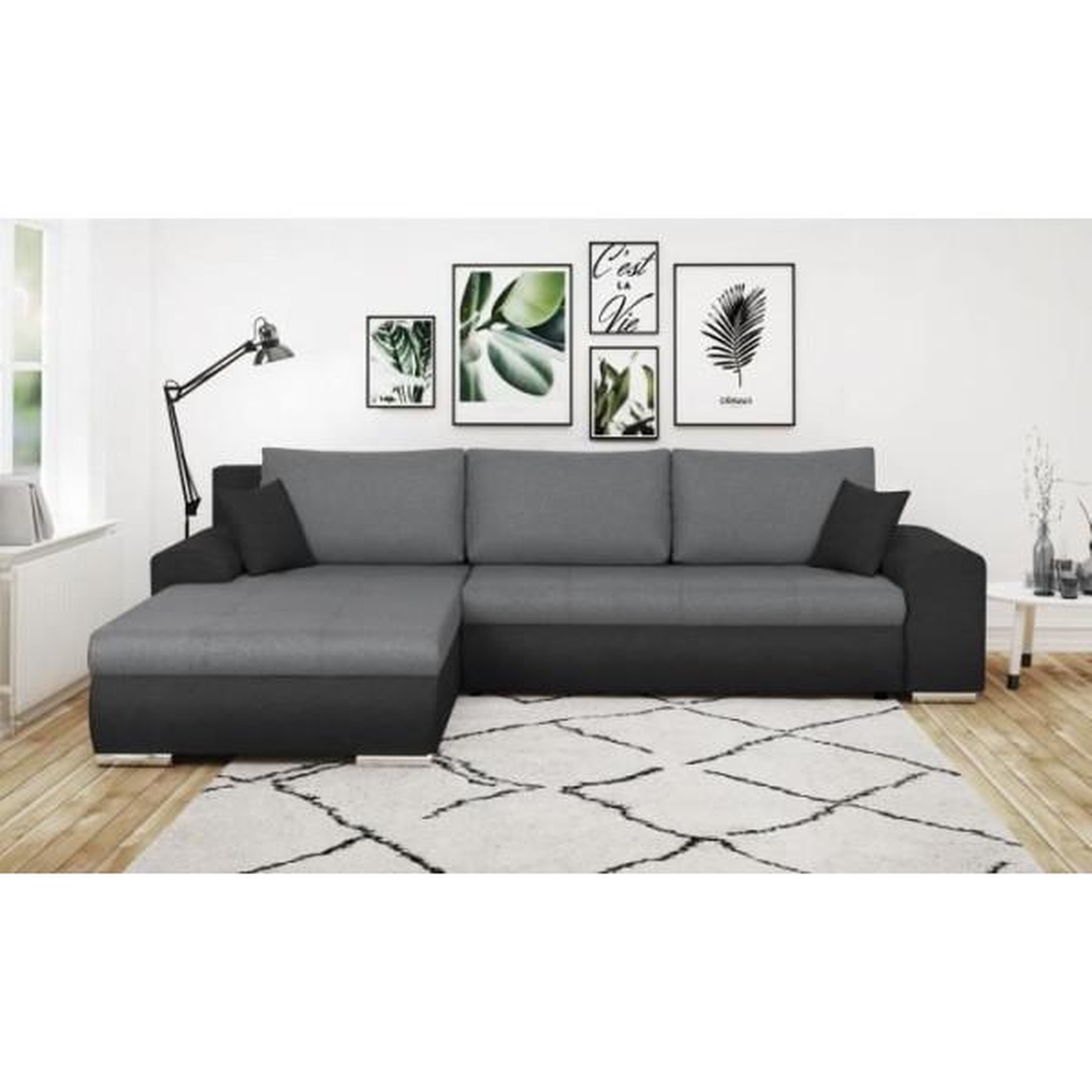 Voir la diapositive 2 : MARKET24 Canapé d'angle convertible et réversible 5 places INDIAN - Tissu gris clair et anthracite