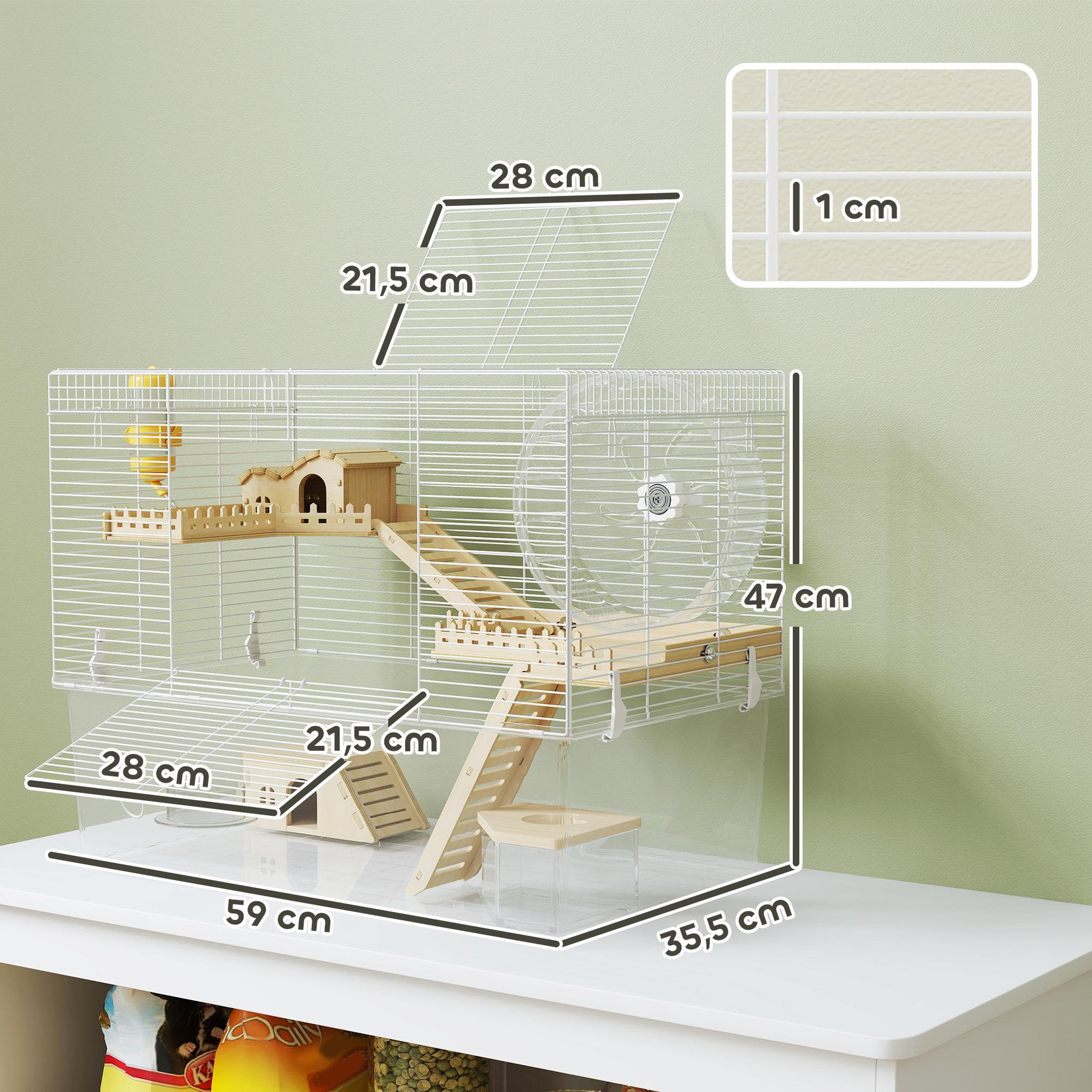Voir la diapositive 3 : PAWHUT Cage à hamster à 3 niveaux avec roue d'exercice, plateau, 59 x 35,5 x 47 cm, blanc