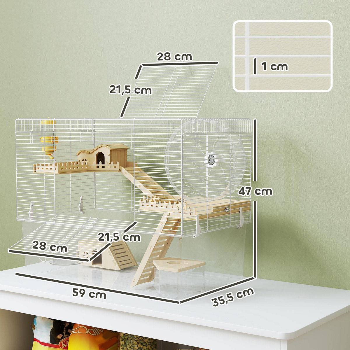 PAWHUT Cage à hamster à 3 niveaux avec roue d'exercice, plateau, 59 x 35,5 x 47 cm, blanc