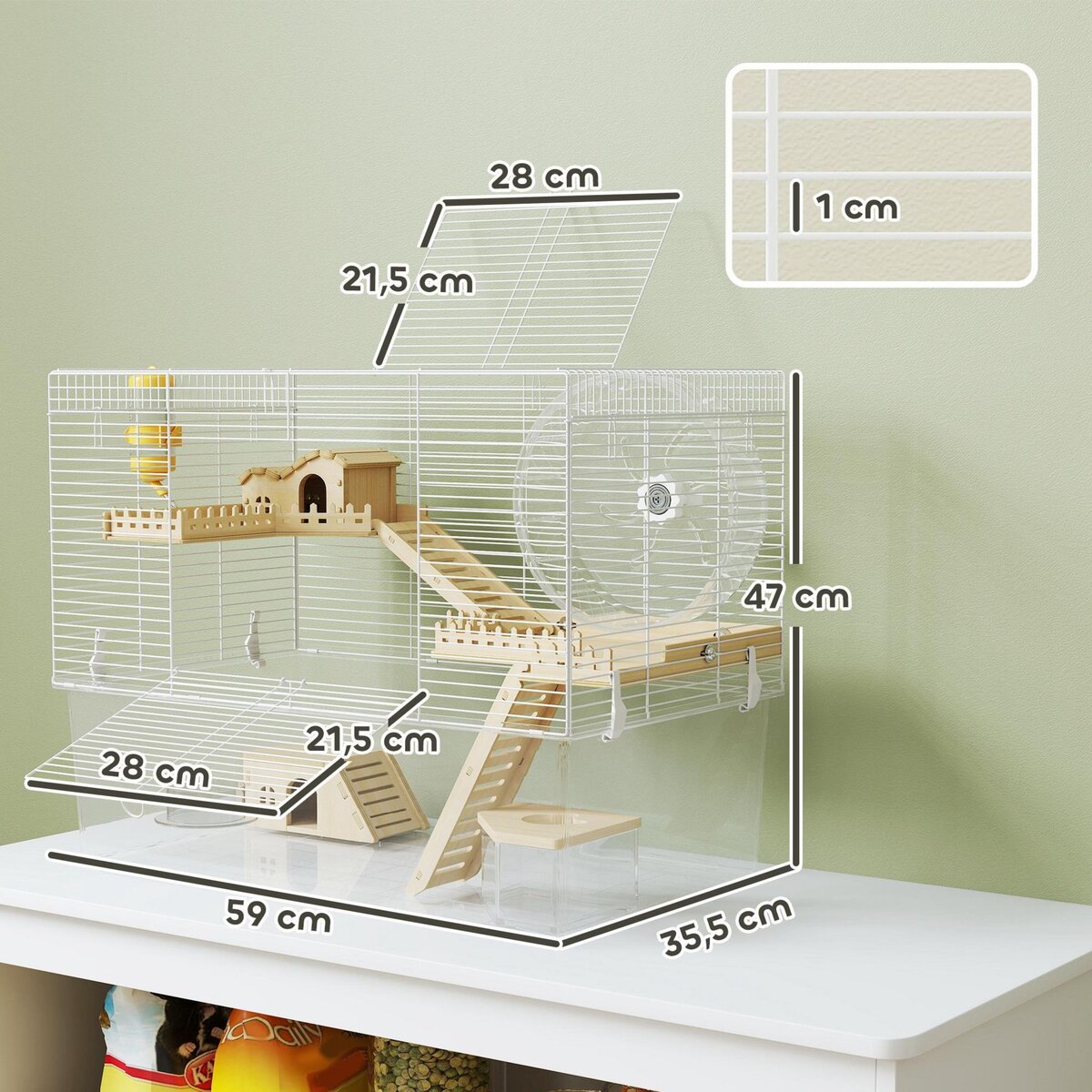 PAWHUT Cage à hamster à 3 niveaux avec roue d'exercice, plateau, 59 x 35,5 x 47 cm, blanc