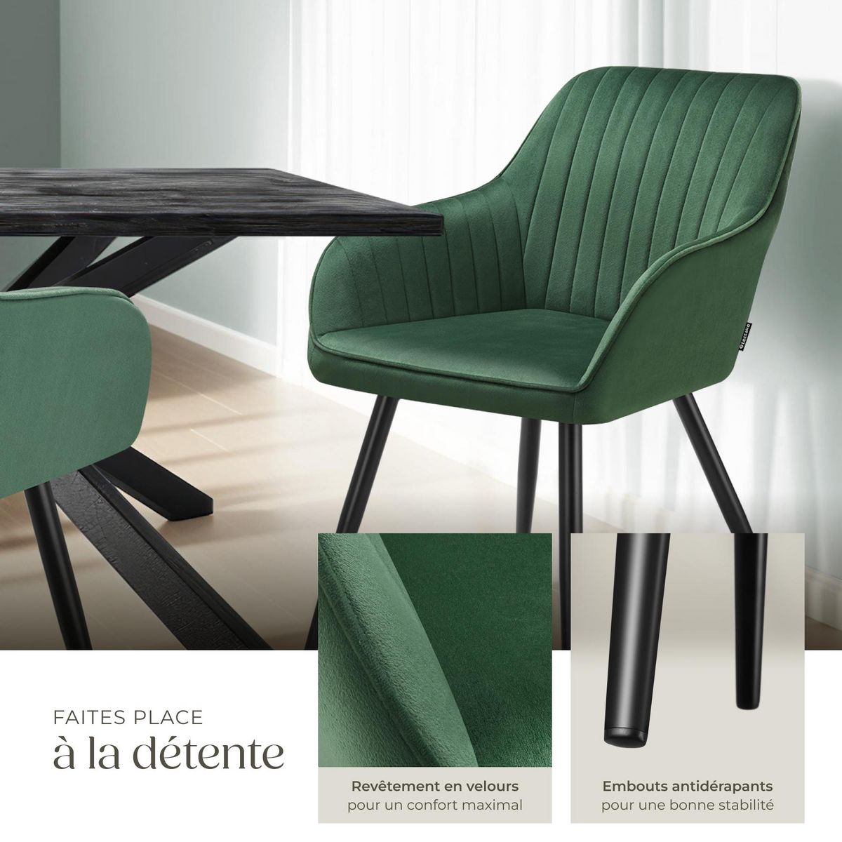 tectake Chaise de salle à manger en velours matelassée et capitonnée vert foncé/noir Lot de 2