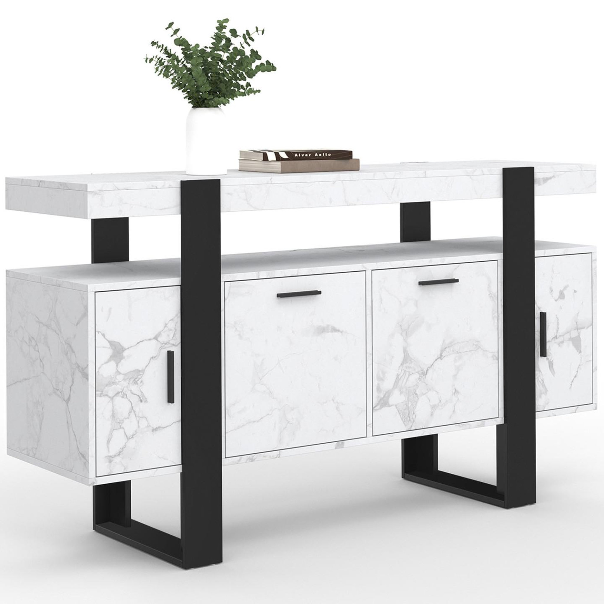 ID MARKET Buffet 140 cm PHOENIX 4 portes effet marbre blanc ALASKA et noir