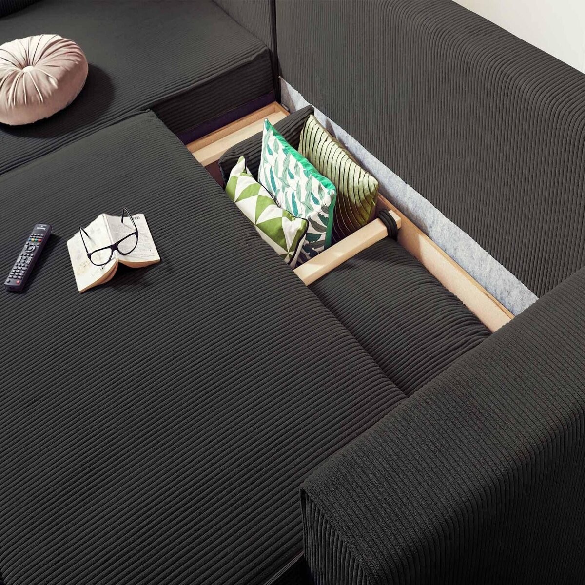 BEST MOBILIER Dellia - canapé d'angle réversible convertible - avec coffre - en velours côtelé - 4 places