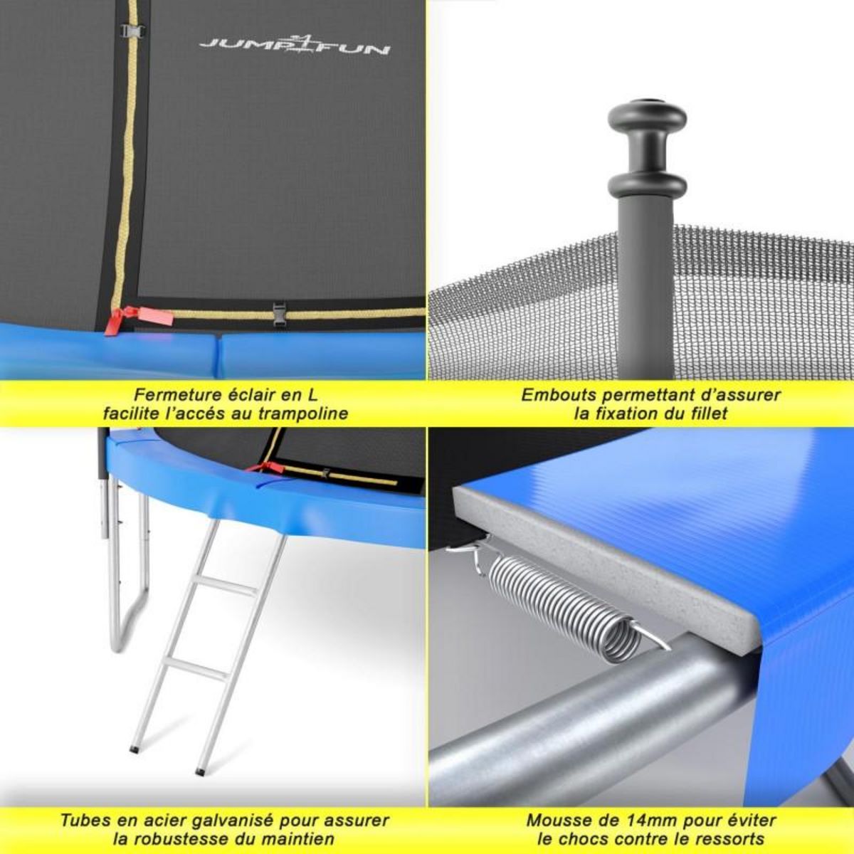 JUMP4FUN Trampoline de jardin ø 305 cm- 10FT- Filet intérieur, Matelas de protection et Echelle