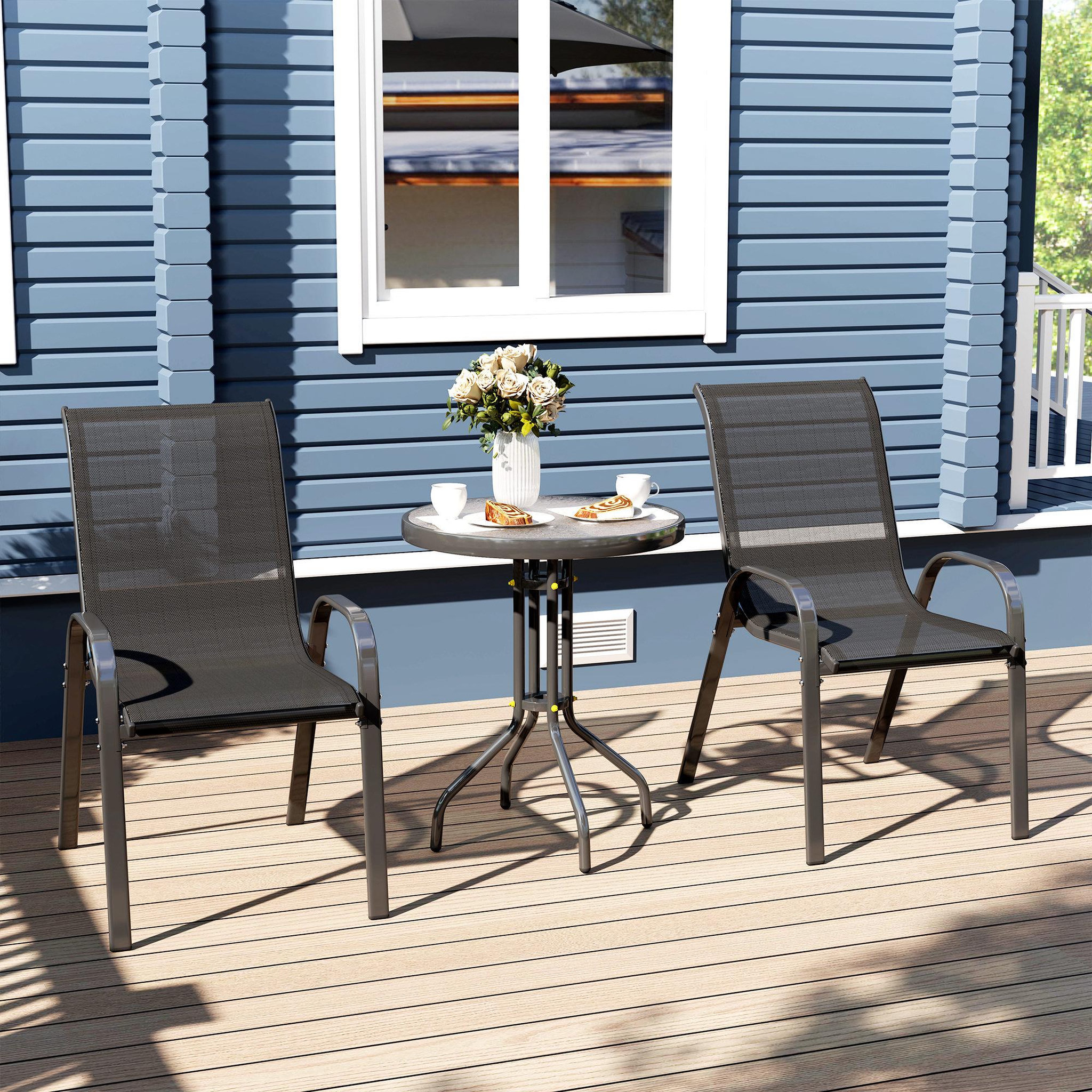 Voir la diapositive 4 : OUTSUNNY Ensemble bistro de jardin 3 pièces - 2 chaises, table ronde plateau verre - acier textilène noir