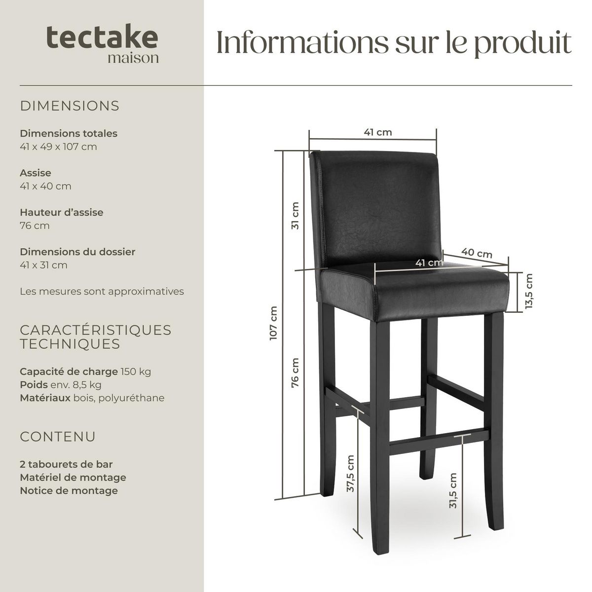 tectake Tabouret de bar rembourré avec dossier noir lot de 2