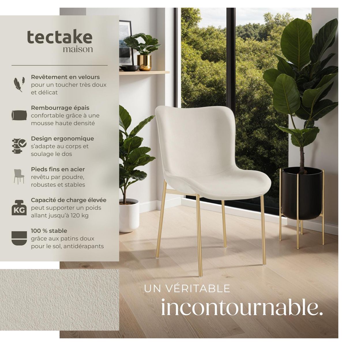 tectake Chaise rembourrée forme ergonomique avec dossier haut Aspect velours beige/doré Lot de 2