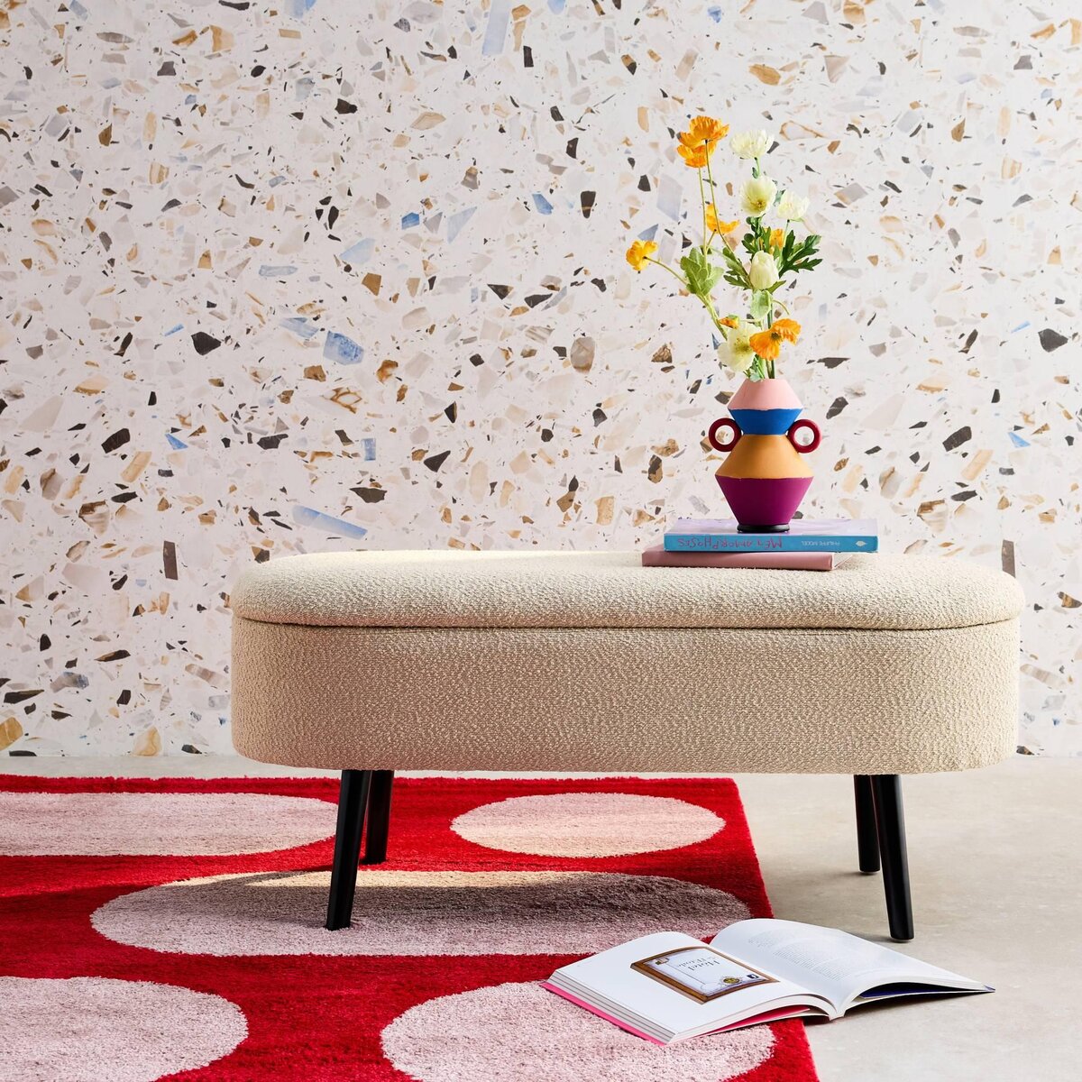 SWEEEK Banc coffre, bout de lit avec revêtement bouclette, pieds en bois noir