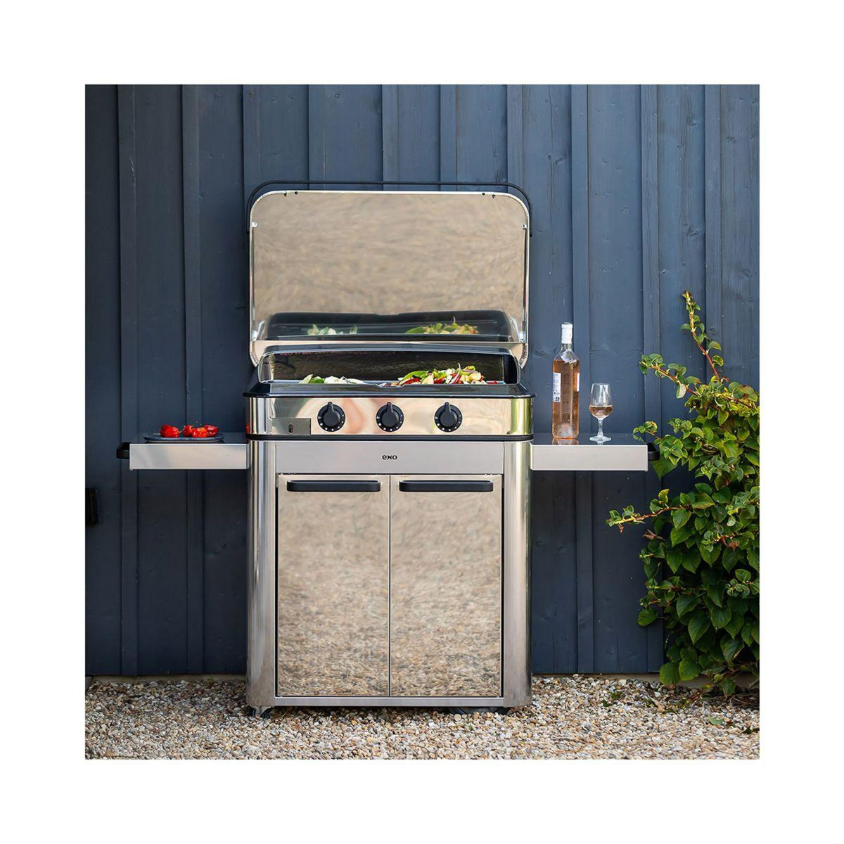 Eno Plancha gaz Combo enosign 80 inox 3 brûleurs sur chariot, 69x40 cm