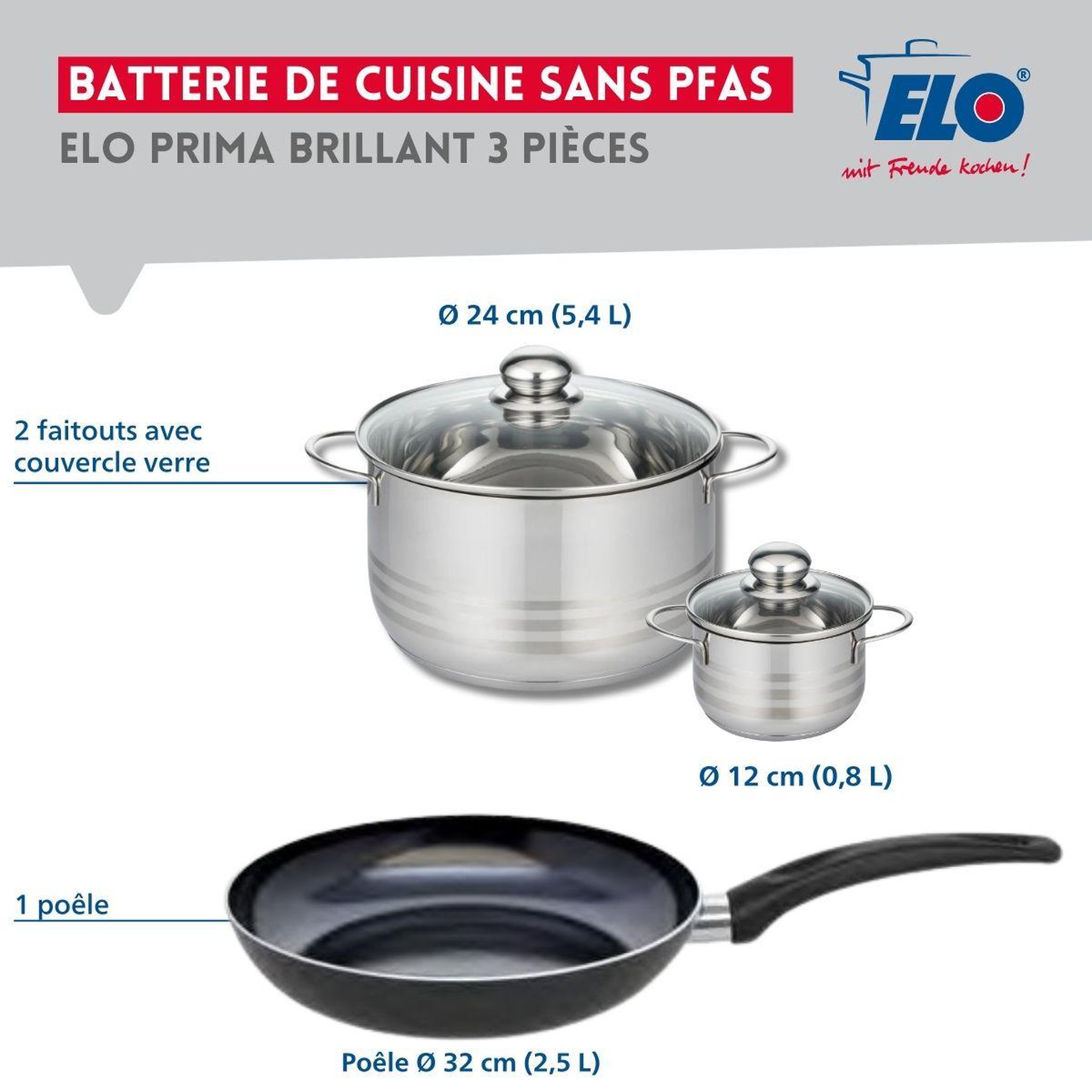 Voir la diapositive 2 : ELO Ensemble de 1 poêle de cuisson 32 cm et 2 faitouts 12 et 24 cm elo prima brillant