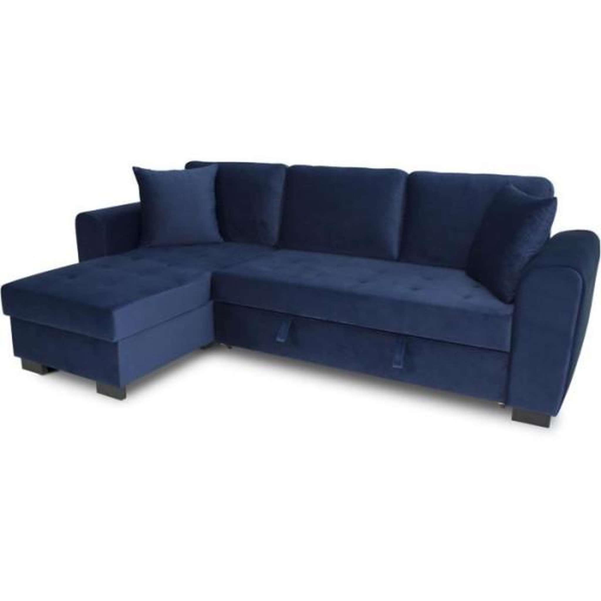 Voir la diapositive 2 : MARKET24 Canapé d'angle convertible HAMILTON 4 places - Tissu velours bleu - L 245 x P 140 x H 86 - Coffre de rangement