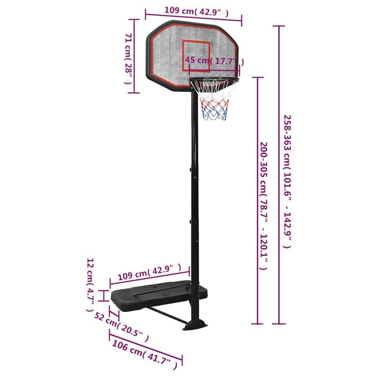VIDAXL Support de basket-ball Noir 258-363 cm Polyethylene