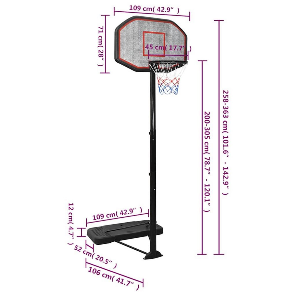 VIDAXL Support de basket-ball Noir 258-363 cm Polyethylene