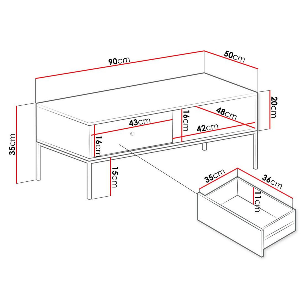BEST MOBILIER Filipo - table basse - 1 tiroir et 1 niche - 90 cm
