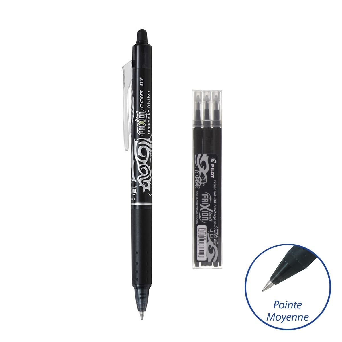 PILOT Lot 1 stylo effaçable pointe moyenne noir FriXion Ball Clicker + 3 recharges effaçables noires FriXion Ball 