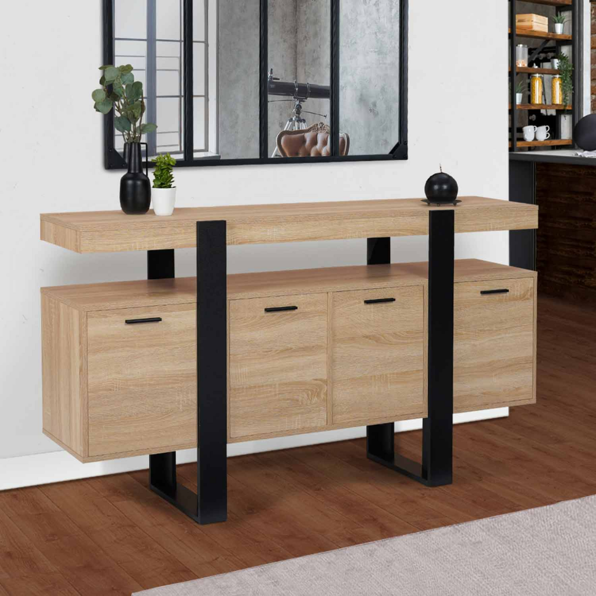 ID MARKET Buffet 160 cm PHOENIX XXL 4 portes bois et noir