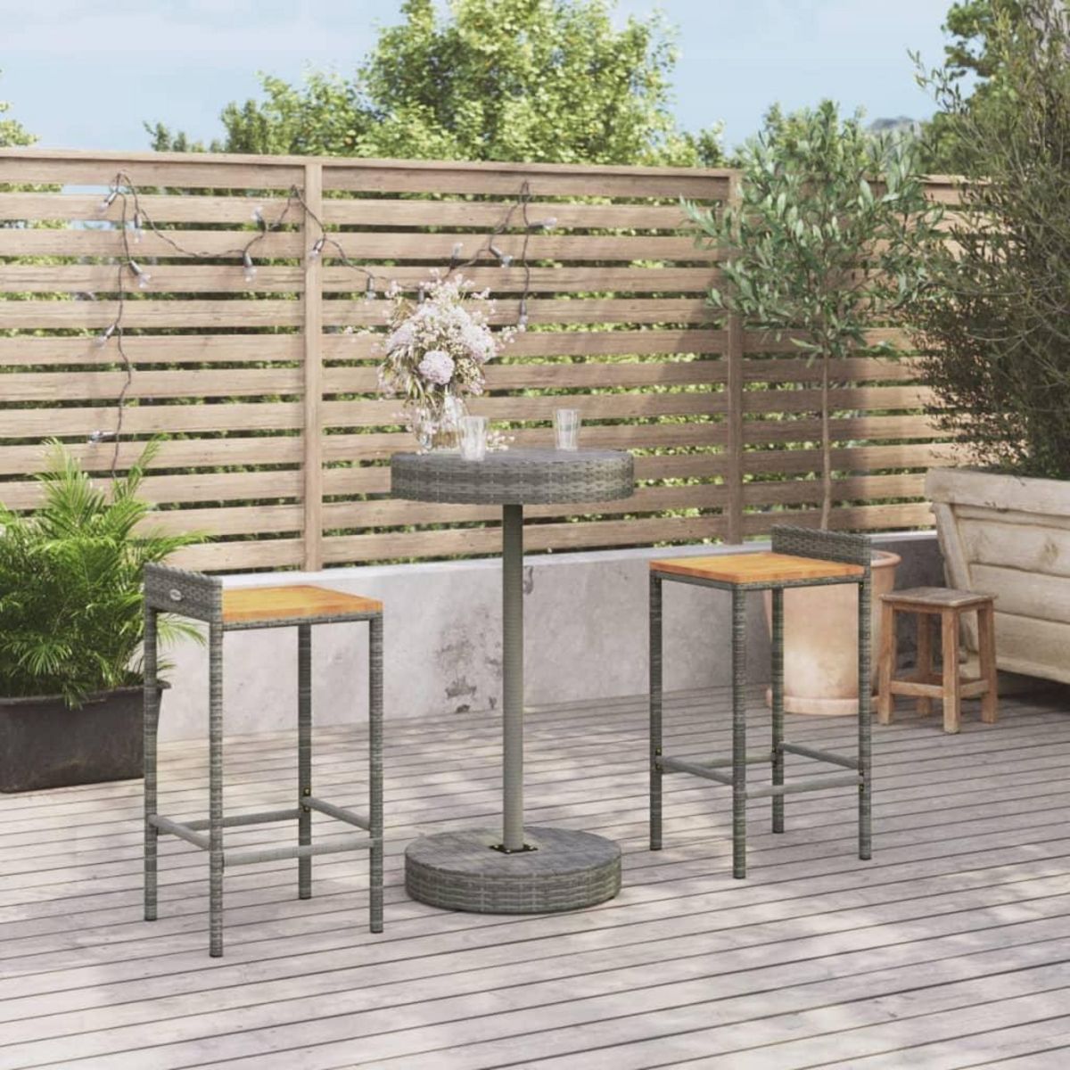 VIDAXL Ensemble de bar jardin 3 pcs gris poly rotin/bois massif acacia