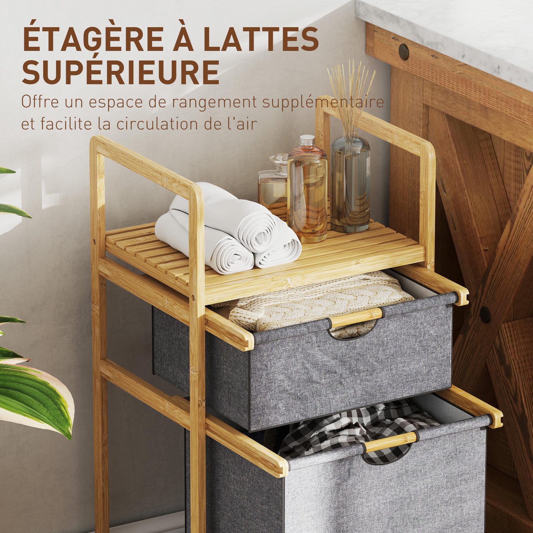 Voir la diapositive 5 : HOMCOM Panier à linge en bambou - panier à linge 2 bacs et étagère - panier à linge double - tissu gris